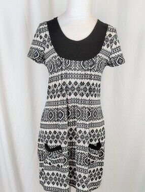 Coco & tashi Black White Geometric Tribal Print Tunic Dress with Pockets Size M